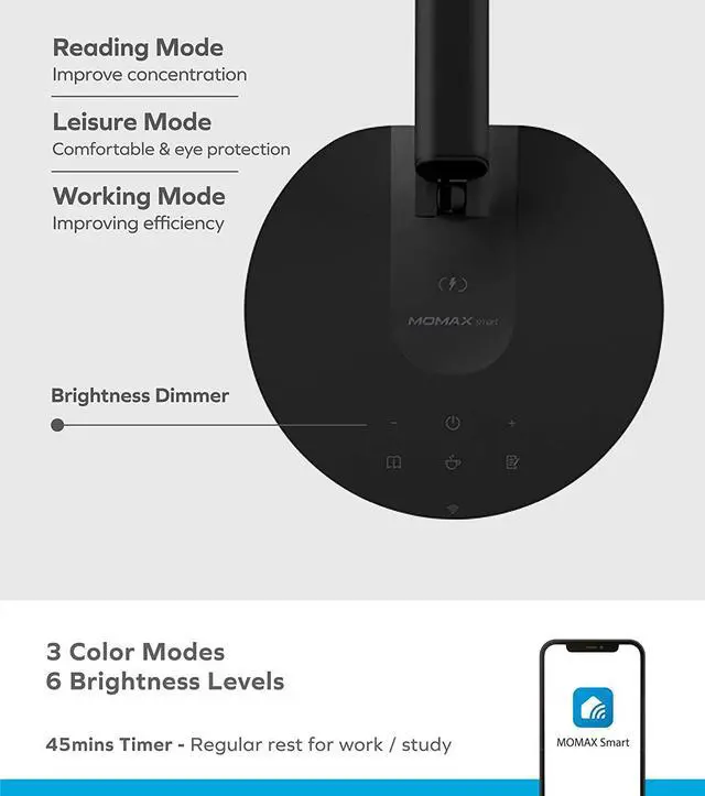 Alt view image 7 of 7 - MOMAX Smart LED Desk Lamp with Wireless Charger & Auto Locking Vertical Laptop Stand, Eye-Caring Auto-Dimming Lamp with Light Sensor, Voice & APP Control, USB Port, for Home Office, Reading, Studying