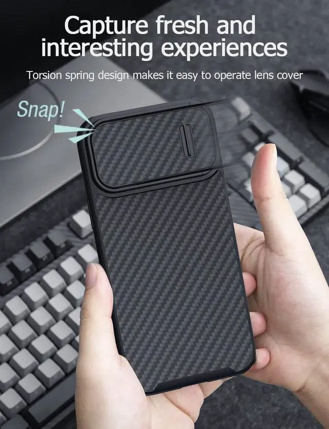 Alt view image 3 of 7 - Nillkin Carbon Fiber Case for iPhone 14 Pro Max Case with Torsion Spring Camera Cover, Durable Aramid Fiber Shockproof Bumper with Heavy Drop Protection for iPhone 14 Pro Max Cases 6.7'' Black