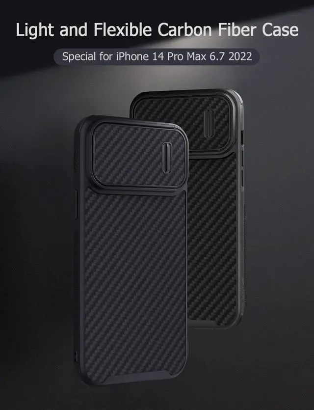 Alt view image 7 of 7 - Nillkin Carbon Fiber Case for iPhone 14 Pro Max Case with Torsion Spring Camera Cover, Durable Aramid Fiber Shockproof Bumper with Heavy Drop Protection for iPhone 14 Pro Max Cases 6.7'' Black