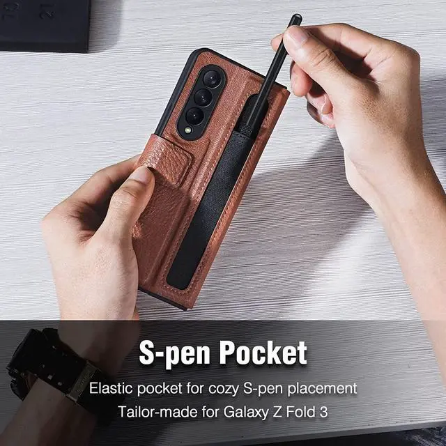 Alt view image 5 of 7 - ErHu for Samsung Galaxy Z Fold 3 Case [Kickstand] [S-Pen Pocket Design] Luxury Leather Shockproof Full Protective Cover for Galaxy Z Fold 3 5G 2021 Brown