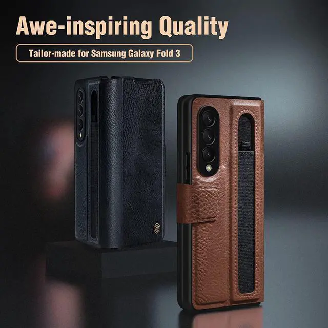 Alt view image 7 of 7 - ErHu for Samsung Galaxy Z Fold 3 Case [Kickstand] [S-Pen Pocket Design] Luxury Leather Shockproof Full Protective Cover for Galaxy Z Fold 3 5G 2021 Brown