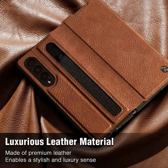 Alt view image 2 of 7 - ErHu for Samsung Galaxy Z Fold 3 Case [Kickstand] [S-Pen Pocket Design] Luxury Leather Shockproof Full Protective Cover for Galaxy Z Fold 3 5G 2021 Brown