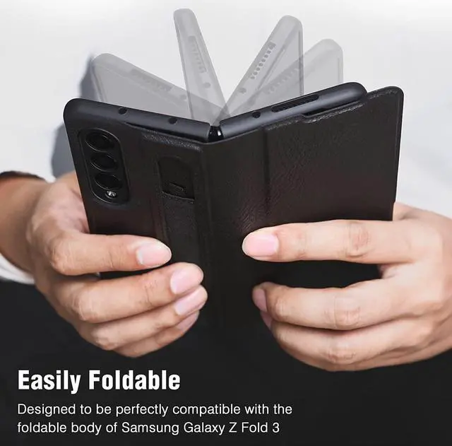 Alt view image 3 of 7 - ErHu for Samsung Galaxy Z Fold 3 Case [Kickstand] [S-Pen Pocket Design] Luxury Leather Shockproof Full Protective Cover for Galaxy Z Fold 3 5G 2021 Brown