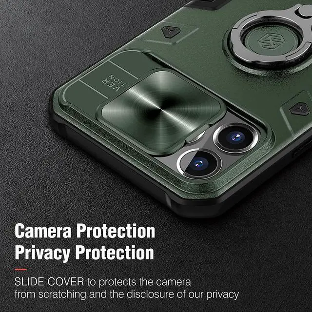 Alt view image 2 of 7 - Nillkin for iPhone 13 Pro Max Case with Camera Cover and Rotation Ring Kickstand, Military Grade, Shockproof, Lens Protection, Bumper Protective Case for iPhone 13 Pro Max 6.7 inch, Green Army Style