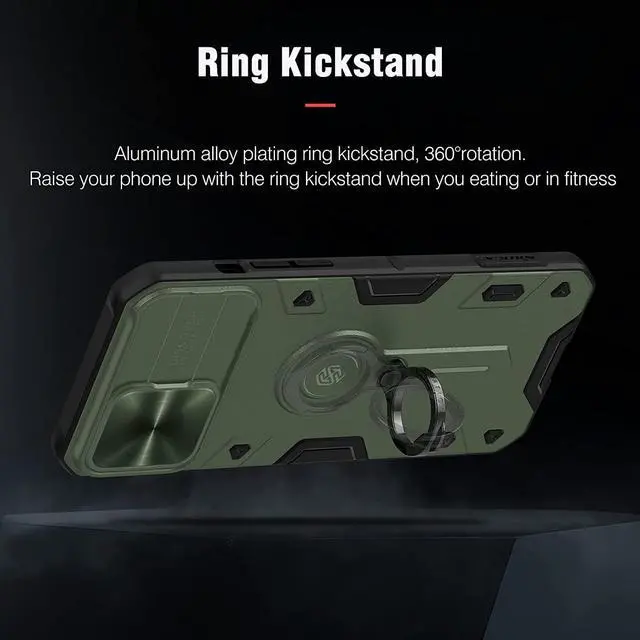 Alt view image 3 of 7 - Nillkin for iPhone 13 Pro Max Case with Camera Cover and Rotation Ring Kickstand, Military Grade, Shockproof, Lens Protection, Bumper Protective Case for iPhone 13 Pro Max 6.7 inch, Green Army Style