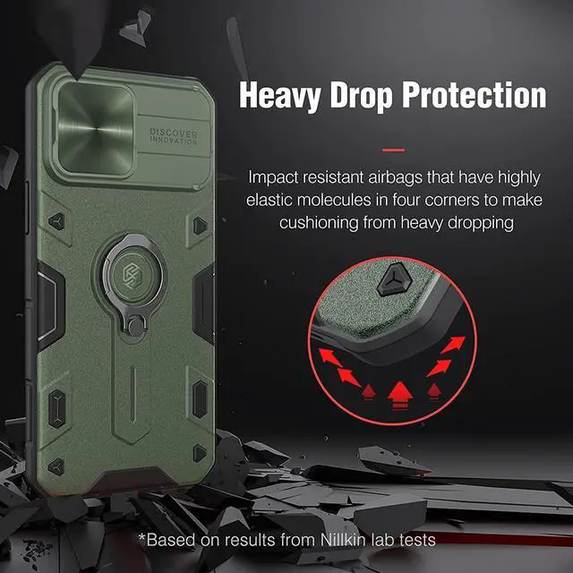 Alt view image 4 of 7 - Nillkin for iPhone 13 Pro Max Case with Camera Cover and Rotation Ring Kickstand, Military Grade, Shockproof, Lens Protection, Bumper Protective Case for iPhone 13 Pro Max 6.7 inch, Green Army Style