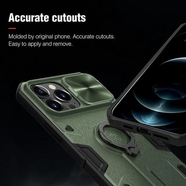 Alt view image 5 of 7 - Nillkin for iPhone 13 Pro Max Case with Camera Cover and Rotation Ring Kickstand, Military Grade, Shockproof, Lens Protection, Bumper Protective Case for iPhone 13 Pro Max 6.7 inch, Green Army Style