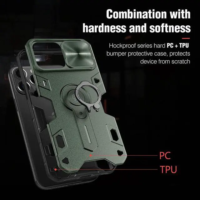 Alt view image 6 of 7 - Nillkin for iPhone 13 Pro Max Case with Camera Cover and Rotation Ring Kickstand, Military Grade, Shockproof, Lens Protection, Bumper Protective Case for iPhone 13 Pro Max 6.7 inch, Green Army Style