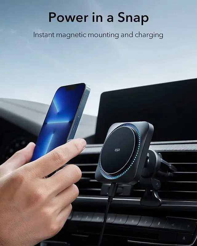 Alt view image 4 of 7 - ESR Magnetic Wireless Car Mount Charger with CryoBoost (HaloLock), Compatible with MagSafe Car Charger, Car Accessories for iPhone 14/13/12 Series, Fast Charging, Phone Cooling Charger, Frosted Onyx