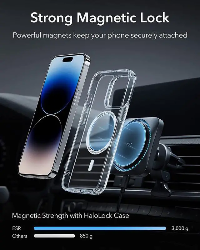 Alt view image 5 of 7 - ESR Magnetic Wireless Car Mount Charger with CryoBoost (HaloLock), Compatible with MagSafe Car Charger, Car Accessories for iPhone 14/13/12 Series, Fast Charging, Phone Cooling Charger, Frosted Onyx