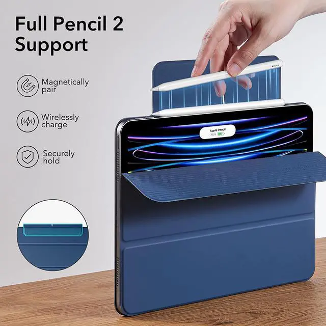 Alt view image 5 of 7 - ESR for iPad Pro 11 Inch Case, iPad 11 Pro Case (2022/2021/2020, 4th/3rd/2nd Generation), Convenient Magnetic Attachment, 2-Way Stand, Full Pencil 2 Support, Rebound Magnetic Case, Navy Blue