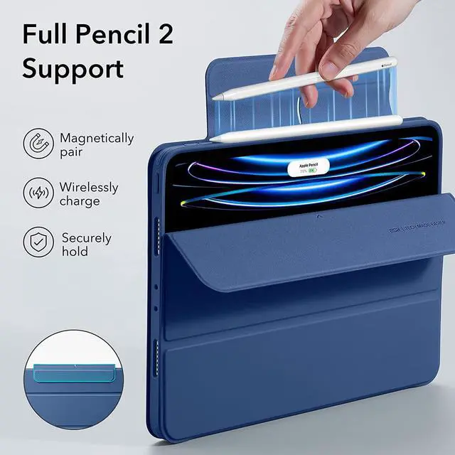 Alt view image 6 of 7 - ESR for iPad Pro 11 Inch Case (2022/2021), iPad Pro 11 Case 4th/3rd Generation with Pencil Holder, Detachable Magnetic Cover, Vertical Stand, Auto Wake/Sleep, Rebound 360 Series, Navy Blue