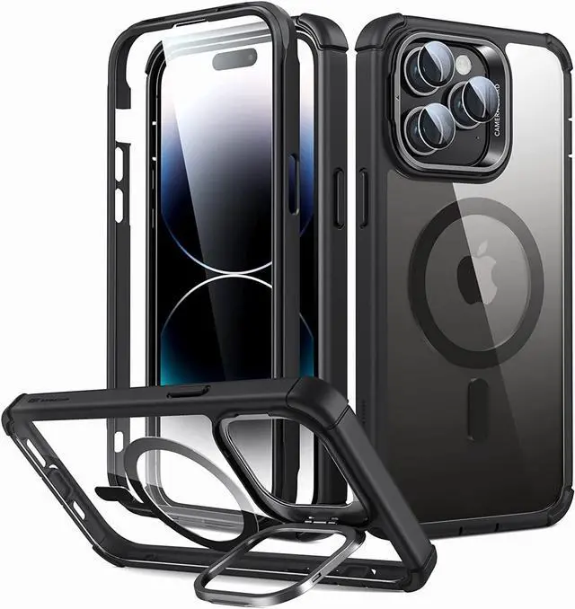Main image of ESR for iPhone 14 Pro Max Case with Stand, Compatible with MagSafe, Full-Body Military-Grade Drop Proof Case with Built-in 9H+ Tempered Glass Screen Protector, Armor Series, Clear Black