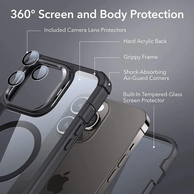 Alt view image 3 of 7 - ESR for iPhone 14 Pro Max Case with Stand, Compatible with MagSafe, Full-Body Military-Grade Drop Proof Case with Built-in 9H+ Tempered Glass Screen Protector, Armor Series, Clear Black