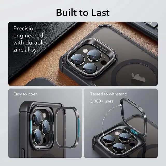 Alt view image 7 of 7 - ESR for iPhone 14 Pro Max Case with Stand, Compatible with MagSafe, Full-Body Military-Grade Drop Proof Case with Built-in 9H+ Tempered Glass Screen Protector, Armor Series, Clear Black