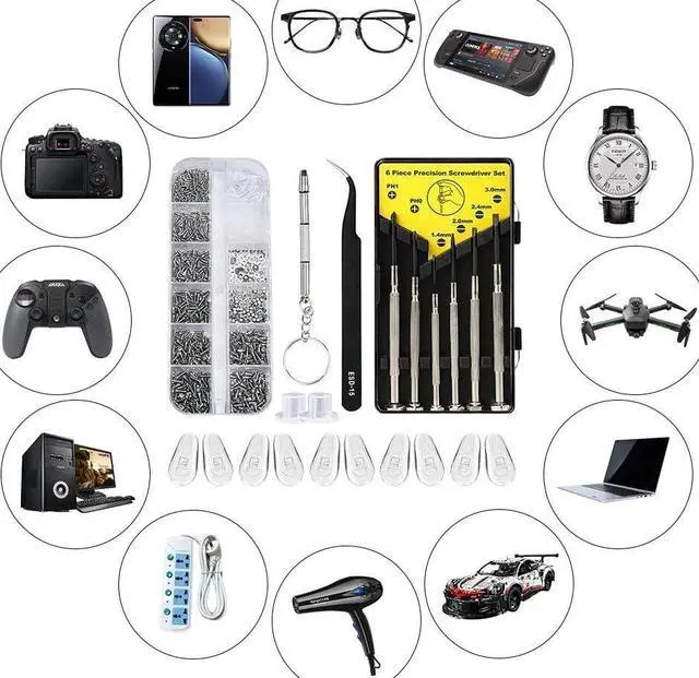 Alt view image 7 of 7 - Kingsdun Eyeglass Repair Kit with 1100pcs Eye Glass Screws & Nose Pads Include 6pcs Phillips Flat Head Screwdriver Set & Curved Tip Tweezer for Sunglasses,Watch Clock (Small)