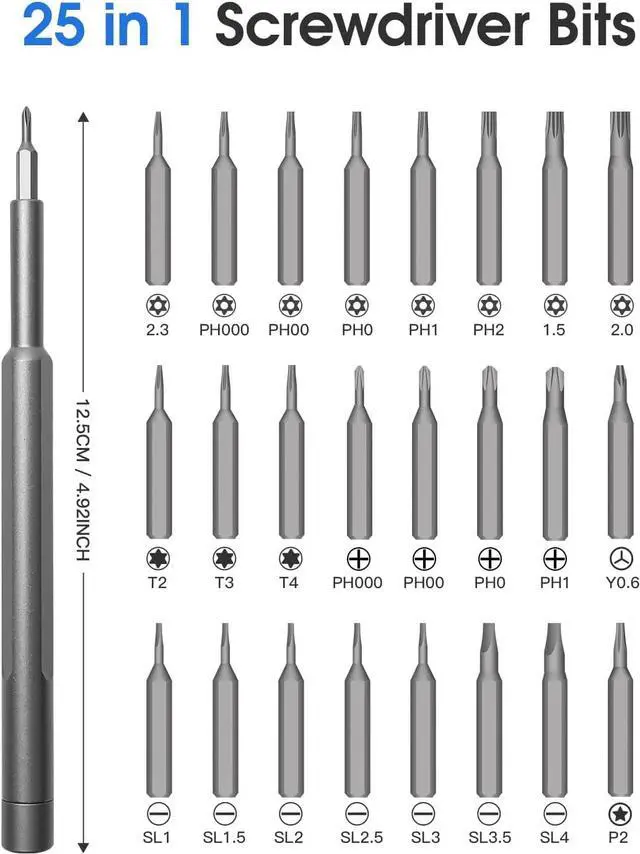 Alt view image 2 of 7 - 25IN1 Precision Screwdriver Set, Small Screwdriver with Torx Phillips Head & Flathead, Repair Tool Kit with 24 Magnetic Bits for Electronics, PC, Watch, Jewelry, DIY Projects and Home Repairing