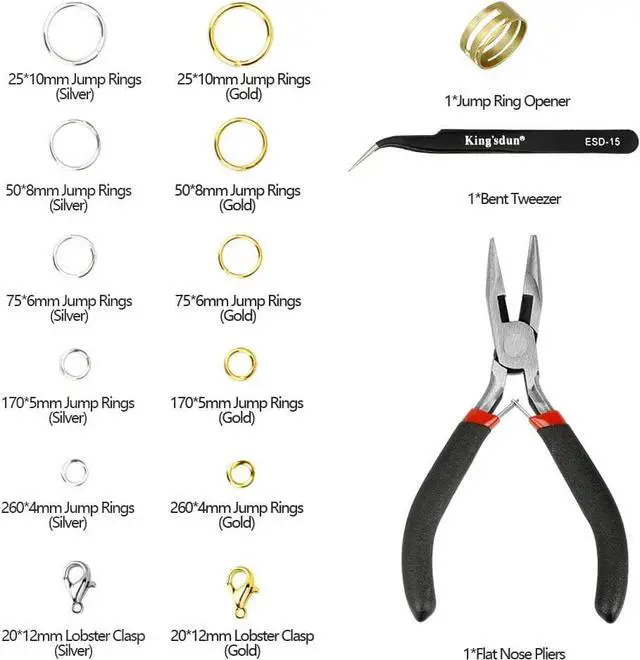Alt view image 2 of 6 - Kingsdun 1200Pcs Jump Rings for Jewelry Making with Lobster Clasps & Needle Nose Pliers, Jump Ring Opener and Tweezers, Jewelry Findings Tool Kit for Making Supplies and Necklace Repair