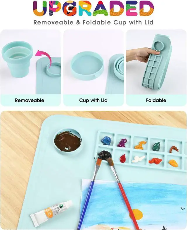Alt view image 2 of 7 - 16" x 20" Silicone Craft Mat, Painting Paint Palette for Resin Casting Mold Mat, Nonstick Craft Sheet with Removable Cleaning Water Cup for Painting, Clay, Art, DIY Projects