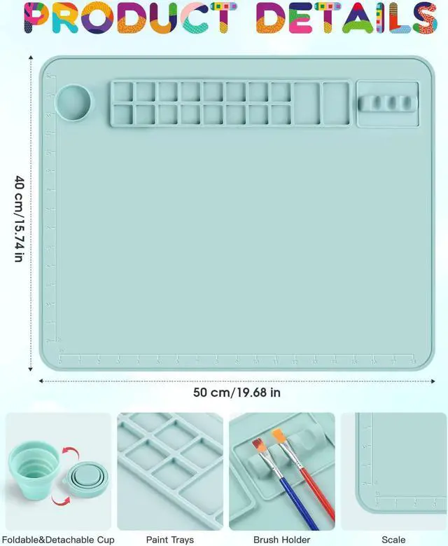 Alt view image 3 of 7 - 16" x 20" Silicone Craft Mat, Painting Paint Palette for Resin Casting Mold Mat, Nonstick Craft Sheet with Removable Cleaning Water Cup for Painting, Clay, Art, DIY Projects