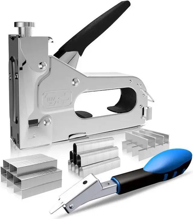 Main image of Kingsdun Upholstery Staple Gun Kit, 3 in 1 Heavy Duty Hand Manual Nail Gun with 1200pcs Staples (D, U, T-Type) & Remover for Material Repair, DIY, Furniture, Doors &Windows, Wood, Carpentry,Decoration