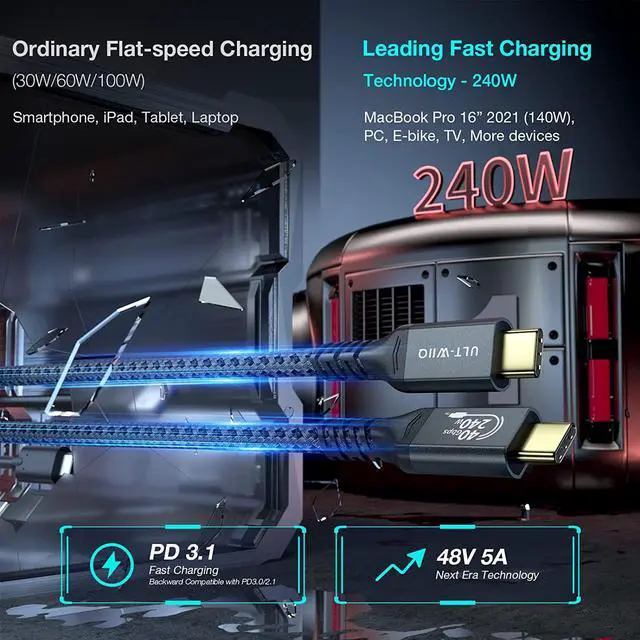 Alt view image 3 of 7 - 240W USB4 Cable, USB C to USB C Cable Fast Charging Compatible Thunderbolt 4/3 Cable, Support 8K/6K@60Hz & 40Gbps Data Transfer for MacBook Pro/Air, Samsung S22, eGPU, Docking, GaN Charger. 6.6FT