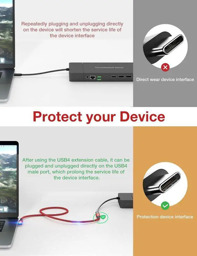 Alt view image 4 of 7 - Right Angle USB4 Extension Cable, 40Gbps & 100W 90 Degree Gold-plated Type C 4.0 Extender Cord, Thunderbolt 3/4 Extension Cable, Support 8K/6K/4K@60Hz Video for Dell/HP Dock, MacBook, XPS, Intel NUC