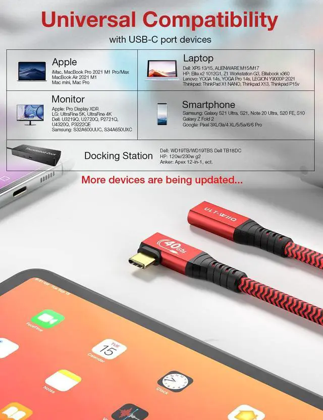 Alt view image 6 of 7 - Right Angle USB4 Extension Cable, 40Gbps & 100W 90 Degree Gold-plated Type C 4.0 Extender Cord, Thunderbolt 3/4 Extension Cable, Support 8K/6K/4K@60Hz Video for Dell/HP Dock, MacBook, XPS, Intel NUC