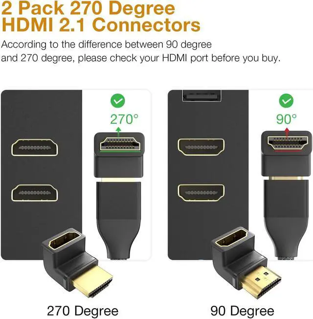 Alt view image 2 of 7 - 8K HDMI Extension Adapter, 2 Pack 270 Degree Right Angle HDMI 2.1 Male to Female Extender Adapter, Support 8K@60Hz, 4K@144Hz, 2K@240Hz, HDR, eARC for Roku, PS4, PS5, HDTV, Xbox