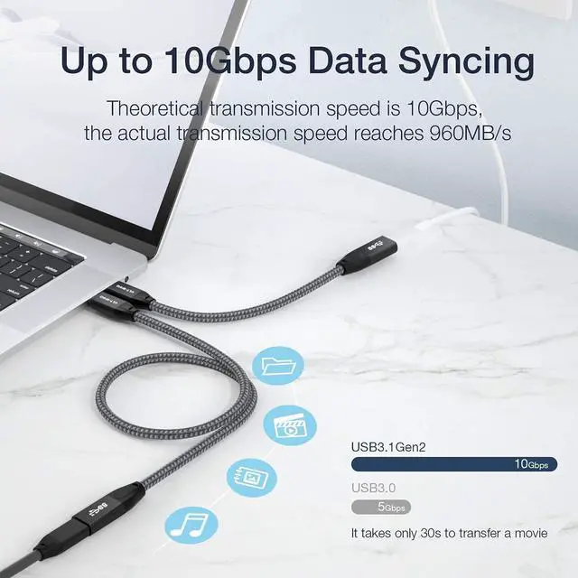 Alt view image 3 of 7 - USB C Extension Cable 2FT + 100W PD & 20Gbps USB C to USB C Cable 6.6FT