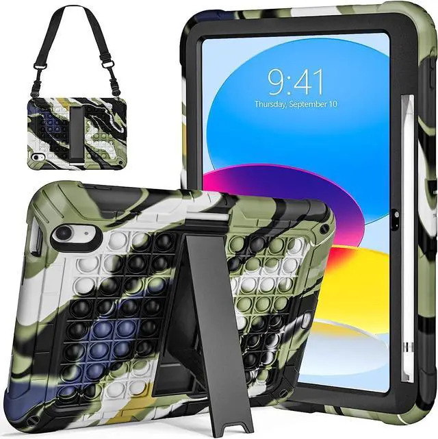 Alt view image 7 of 7 - New iPad 10th Generation 10.9 inch 2022 Case for Kids, Shockproof Rugged Protective with Pencil Holder Kickstand & Shoulder Strap for iPad 10.9 Inch 2022 Release Kids Children (Camouflage)