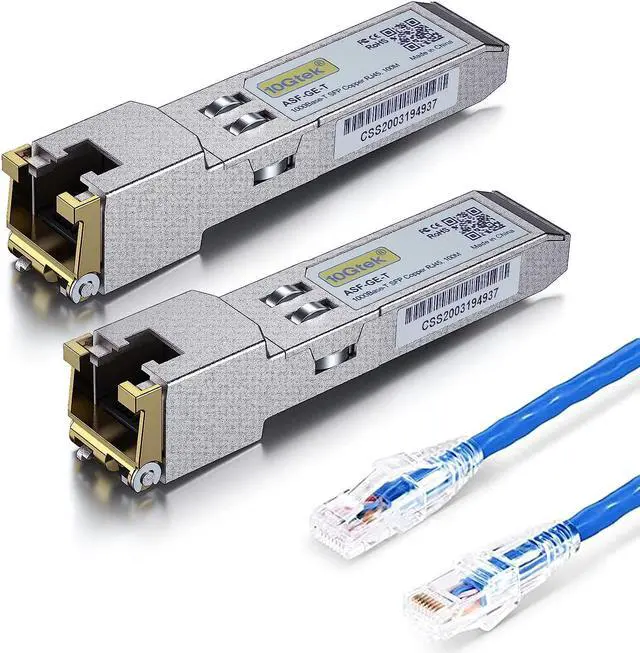 Main image of Pack of 2 SFP to RJ45 1000BASE-T Copper Transceiver for  GLC-T/SFP-GE-T, Meraki, Ubiquiti UniFi, Fortinet and More, with a RJ45 Cat-6 Ethernet Patch Internet Cable - 8 Foot (2.5 Meters)