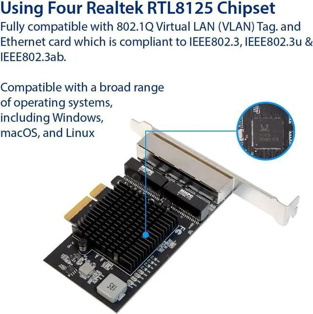 Alt view image 3 of 6 - IO CREST Quad 2.5 Gigabit Ethernet PCI Express PCI-E Network Interface Card 10/100/1000/25000 Mbps RJ45 LAN Realtek RTL8125 Chipset, Black (SI-PEX24077)