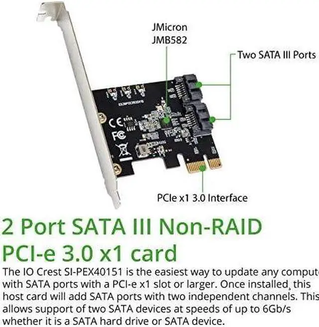 Alt view image 2 of 5 - IO CREST 2 Port SATA III PCI-e 3.0 x1 Non-RAID Controller Card Jmicro Chipset SI-PEX40148