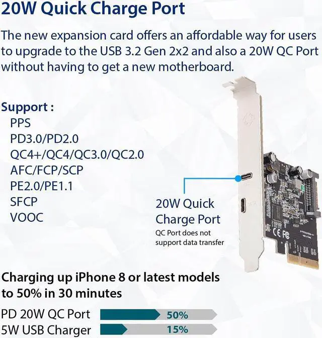 Alt view image 4 of 6 - IO CREST USB-C 3.2 Gen 2x2 + 20W QC Power Delivery PCI-e Gen 3 x4 Expansion Card SATA Powered ASMedia ASM3242