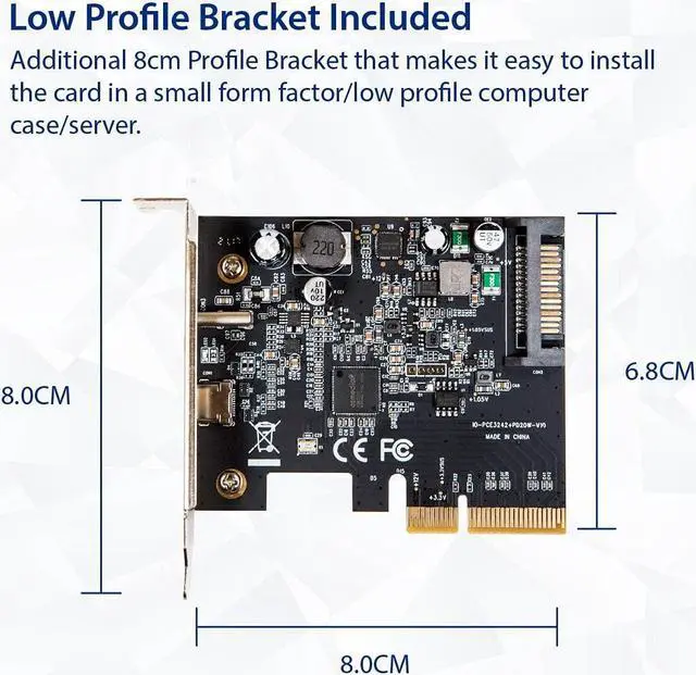 Alt view image 6 of 6 - IO CREST USB-C 3.2 Gen 2x2 + 20W QC Power Delivery PCI-e Gen 3 x4 Expansion Card SATA Powered ASMedia ASM3242
