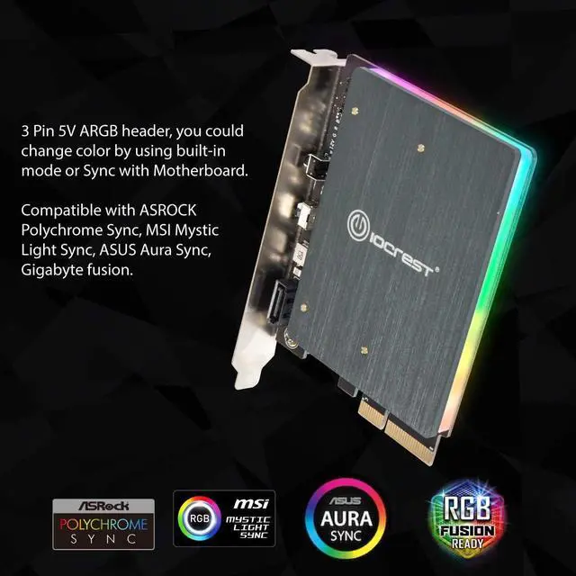 Alt view image 3 of 7 - IO CREST Dual M.2 SATA and PCIe Nvme SSD to PCIe X4 Adapter Card with 5V RGB Heatsink