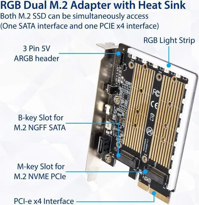 Alt view image 5 of 7 - IO CREST Dual M.2 SATA and PCIe Nvme SSD to PCIe X4 Adapter Card with 5V RGB Heatsink