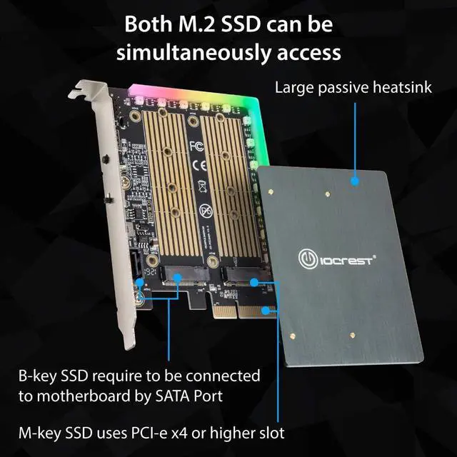 Alt view image 2 of 7 - IO CREST Dual M.2 SATA and PCIe Nvme SSD to PCIe X4 Adapter Card with 5V RGB Heatsink