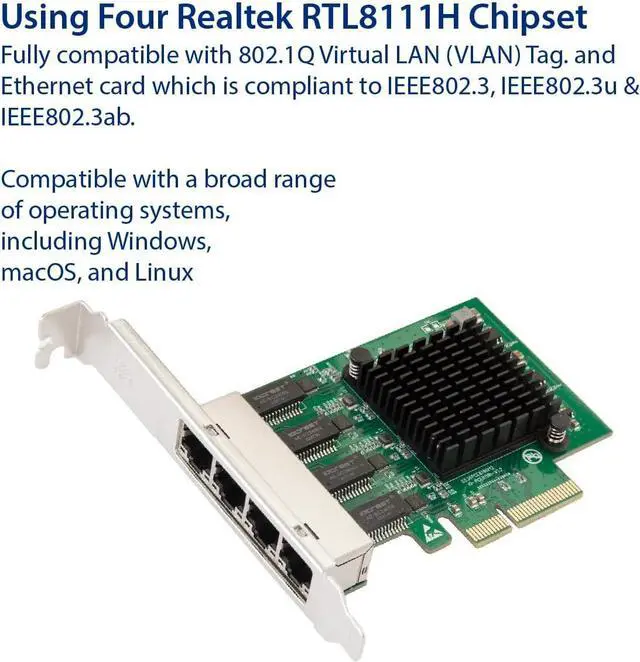 Alt view image 3 of 6 - IO CREST 4 Port Quad Gigabit Ethernet PCI Express 2.1 PCI-E x4 Network Interface Card (NIC) 10/100/1000 Mbps Realtek Chipset SI-PEX24085