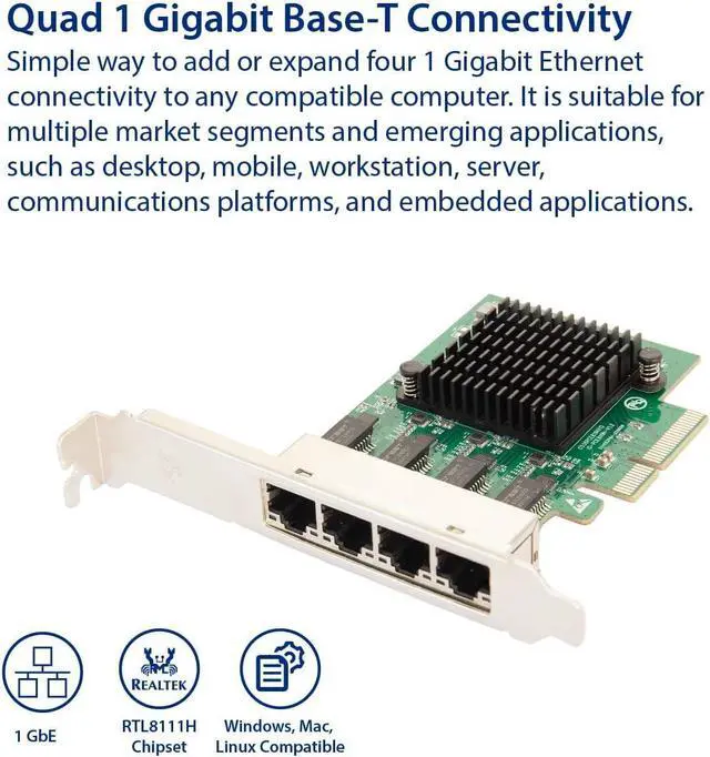 Alt view image 2 of 6 - IO CREST 4 Port Quad Gigabit Ethernet PCI Express 2.1 PCI-E x4 Network Interface Card (NIC) 10/100/1000 Mbps Realtek Chipset SI-PEX24085
