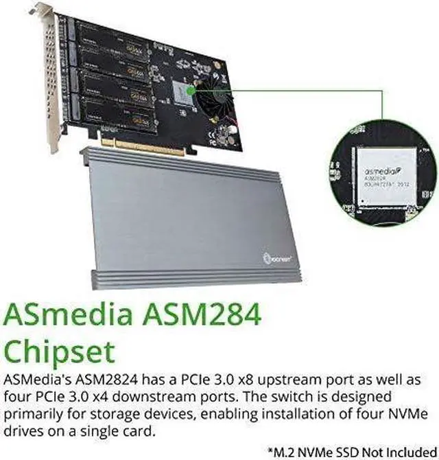 Alt view image 2 of 5 - Syba Quad M.2 NVMe Ports to PCIe 3.0 x16 Interface x8 Bandwidth Bifurcation Riser Controller - Support Non-Bifurcation Motherboard (SI-PEX40157)