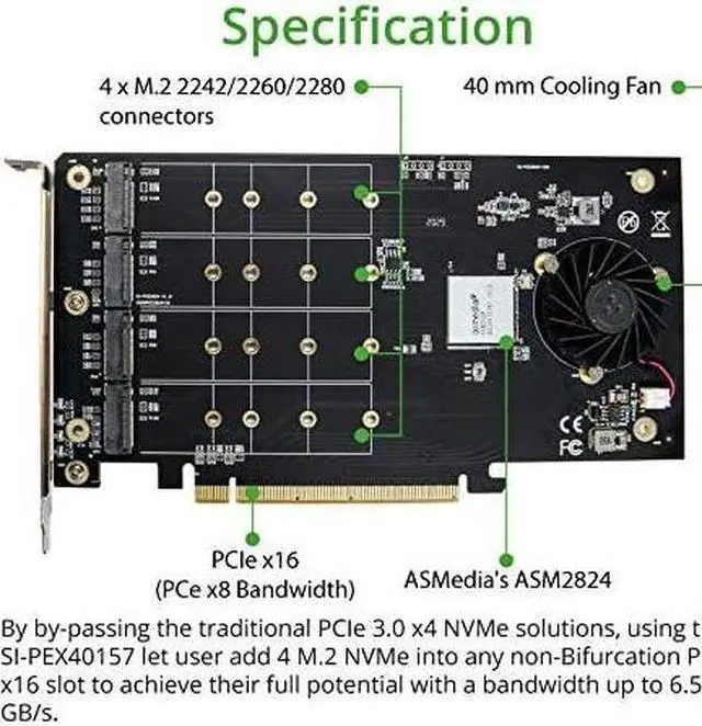 Alt view image 4 of 5 - Syba Quad M.2 NVMe Ports to PCIe 3.0 x16 Interface x8 Bandwidth Bifurcation Riser Controller - Support Non-Bifurcation Motherboard (SI-PEX40157)