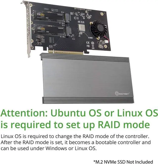 Alt view image 2 of 6 - IO CREST Dual M.2 NVMe Ports RAID to PCIe 3.0 x16 Interface (x8 Bandwidth) Bifurcation Riser Controller - SI-PEX40158