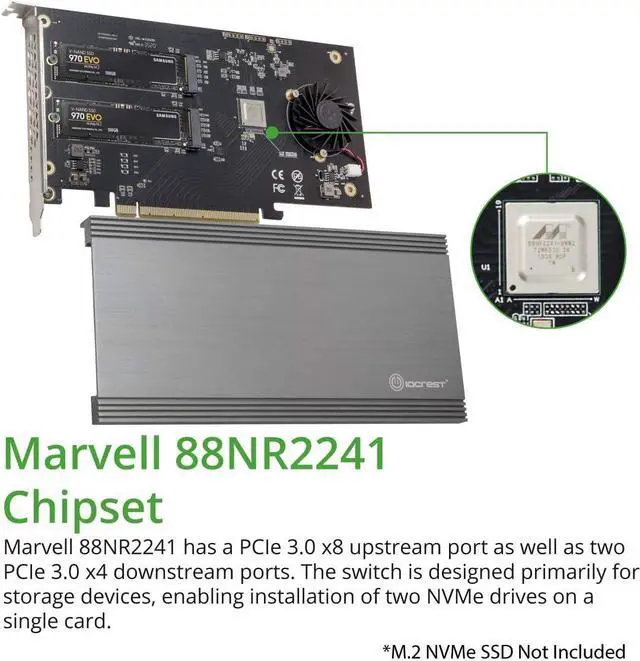 Alt view image 3 of 6 - IO CREST Dual M.2 NVMe Ports RAID to PCIe 3.0 x16 Interface (x8 Bandwidth) Bifurcation Riser Controller - SI-PEX40158