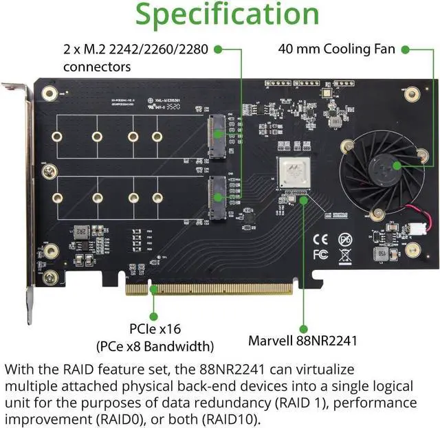 Alt view image 4 of 6 - IO CREST Dual M.2 NVMe Ports RAID to PCIe 3.0 x16 Interface (x8 Bandwidth) Bifurcation Riser Controller - SI-PEX40158