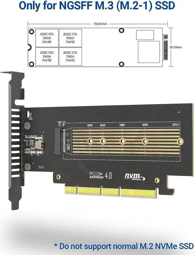 Alt view image 2 of 6 - JEYI PCIe 4.0 x4 Adapter for NGSFF NF1 M.3 NVMe 110mm SSD - PCI Express 4.0 4-Lane Host Adapter
