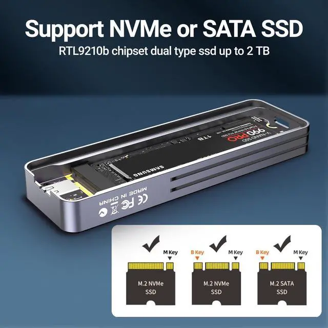 Alt view image 5 of 6 - JEY Visual Smart M.2 Enclosure, USB 3.2 Gen 2 10Gbps, Compatible with NVMe/ PCIe and NGFF/ SATA SSD, External Enclosure Support UASP Trim for NVME/SATA SSDs 2242/2260/2280 - i9X-Zebra