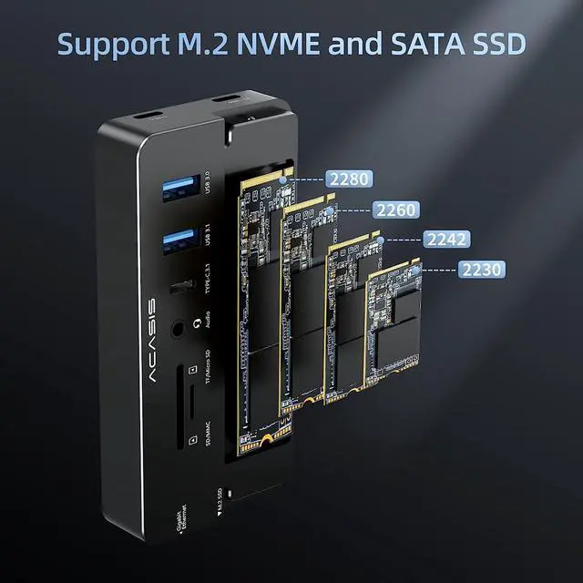 Alt view image 4 of 7 - ACASIS 10-in-1 USB-C Hub with SSD Enclosure, 10Gbps M.2 NVMe Enclosure, 4K 60Hz HDMI Port, USB A 3.1 Port, 100 W Power Delivery, Aluminum Alloy USB C 3.1 Enclosure for M.2 PCIe NVMe and SATA SSD