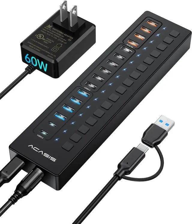 Main image of Powered USB Hub, ACASIS 16 Port 60W USB Hub 3.0 with 4*USB Smart Charging Port, 2*USB C 3.0, 4*USB A 3.0, 6*USB 2.0, Individual On/Off Switches, 12V/5A DC Power Adapter for Laptops, PC